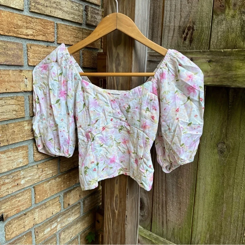 Abercrombie & Fitch Cinched Puff Sleeve Poplin Floral Blouse - Pink and White